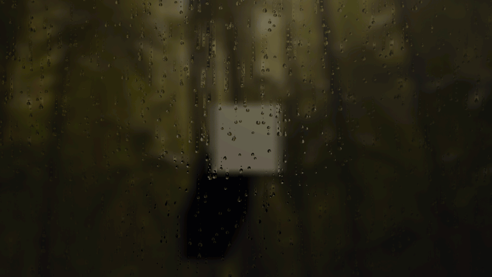 In progress animation of the rain shader in a test scene. The fogging on the window is set very high blurring the background substantially. Rain drops roll down the window clearing the fog.